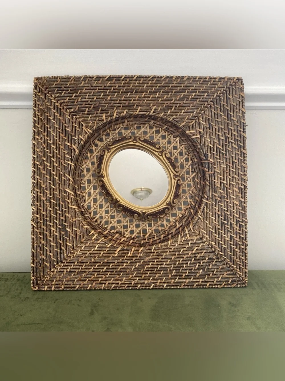 Woven Rattan Wall Mirror with Gold Accent Frame - Brown 14”X14”